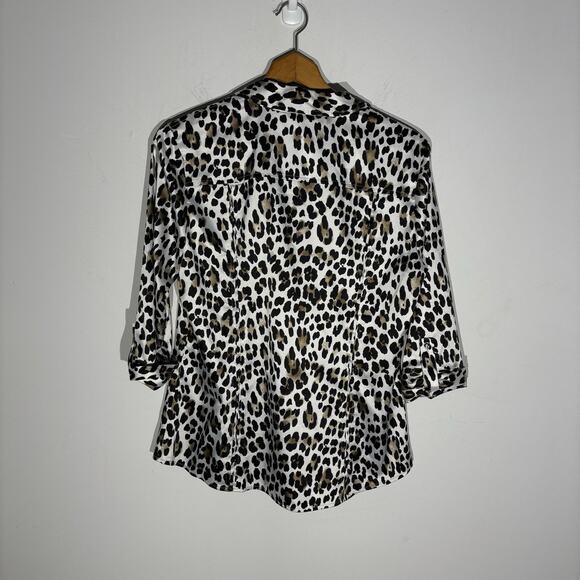 WHBM Stretch Leopard Animal Print Button Up Blouse Roll Tab Sleeve Size 10 - Picture 5 of 6